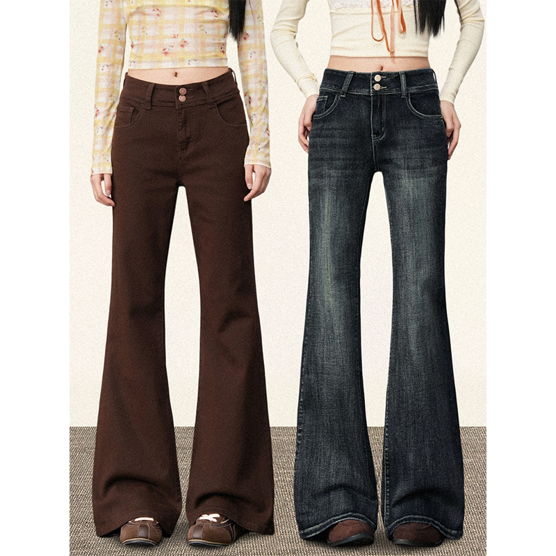 蓝灰色双扣微喇美式牛仔裤女2025秋冬加绒弹力修身显瘦直筒喇叭裤