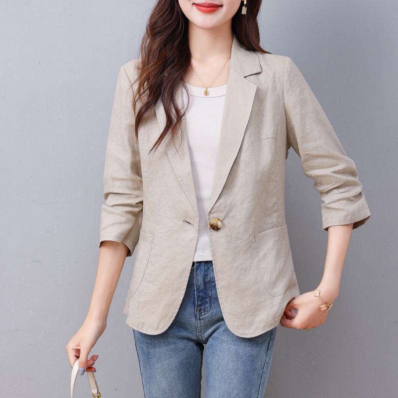 亚麻西装外套女短款春夏一粒扣气质女士七分袖百搭薄款棉麻小西服