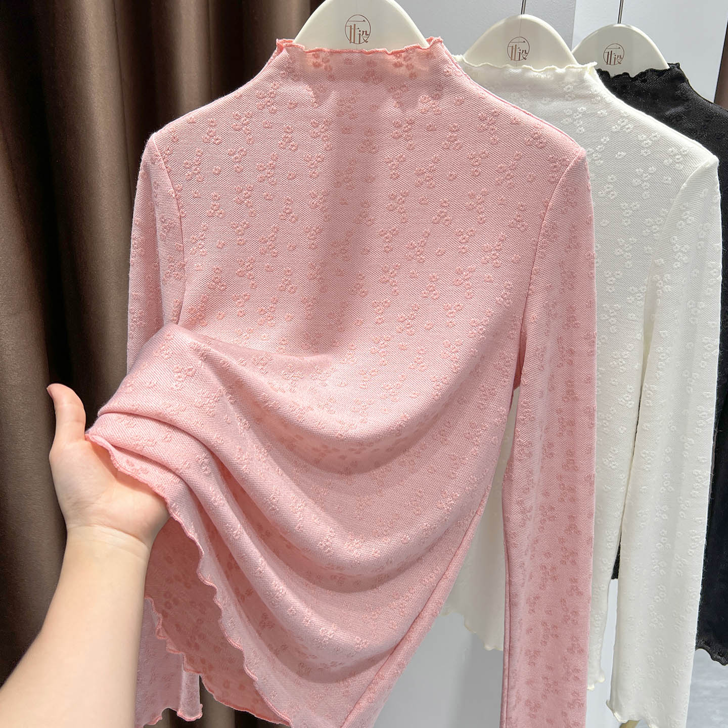 甜美粉色木耳边长袖减龄上衣女洋气百搭提花蕾丝衫半高领蕾丝小衫