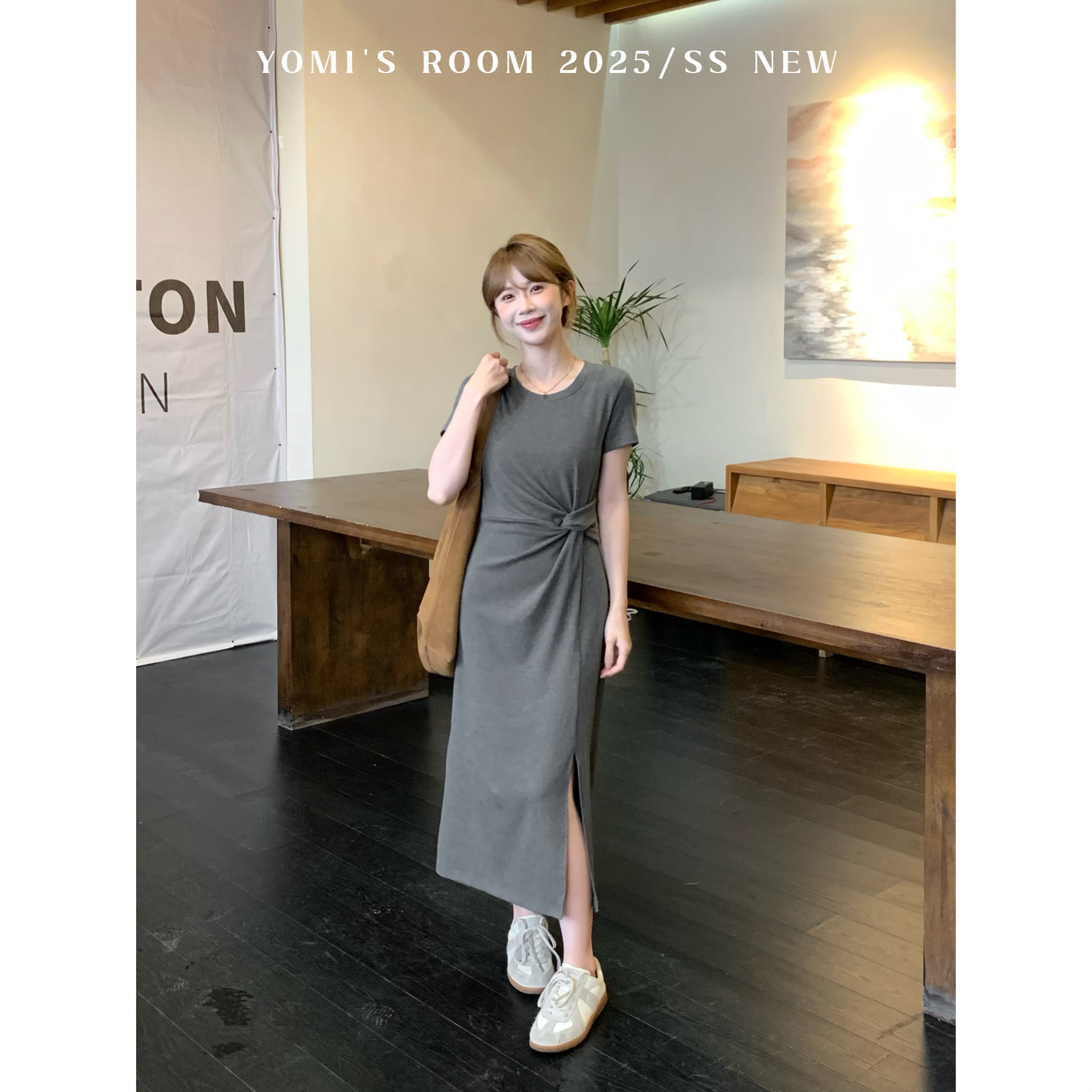 【现货】YOMI小个子【乌木云朵】灰色扭结收腰裙子夏季显瘦显白连衣裙