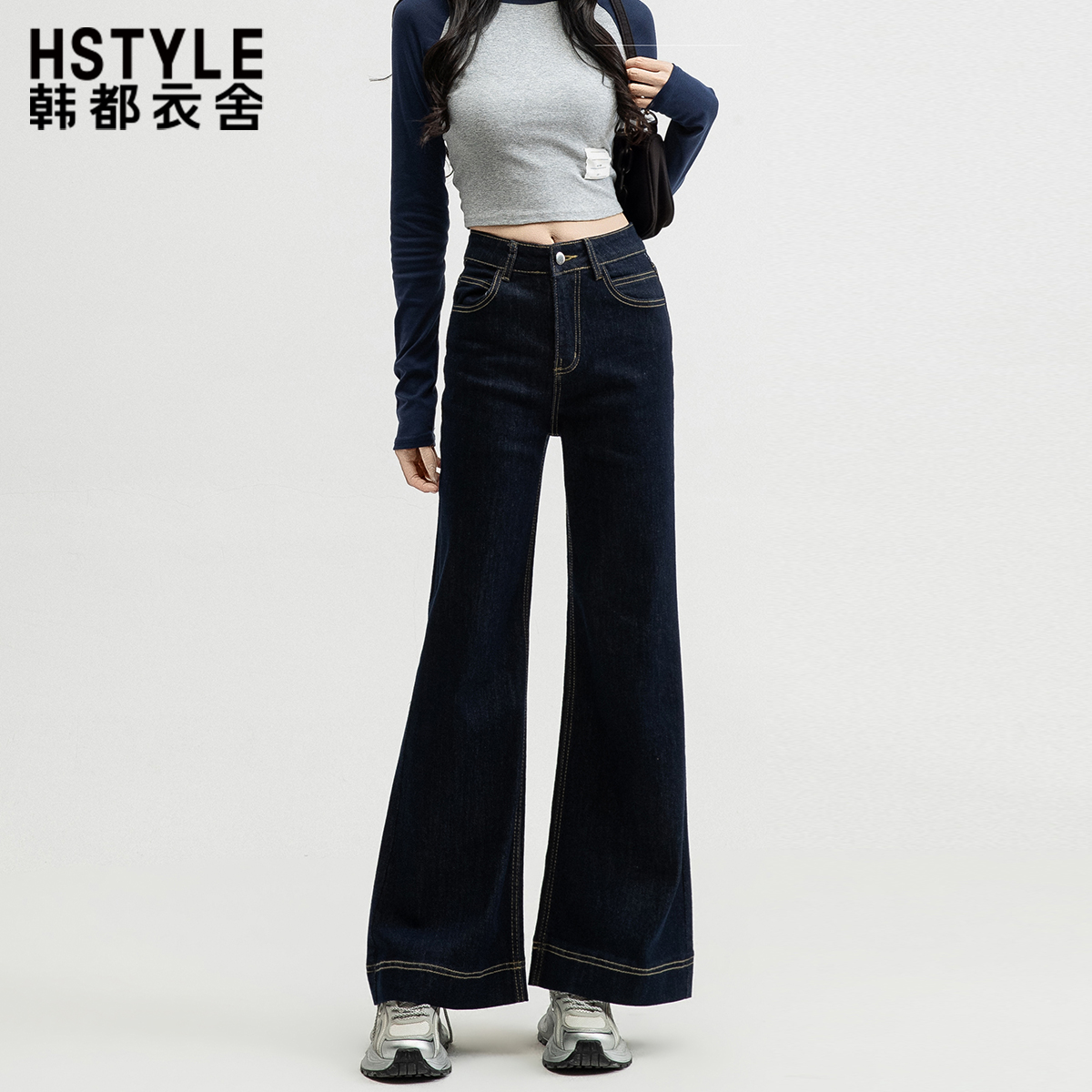 韩都衣舍丹宁蓝窄版直筒牛仔裤女秋冬款高腰显瘦百搭小个子九分裤