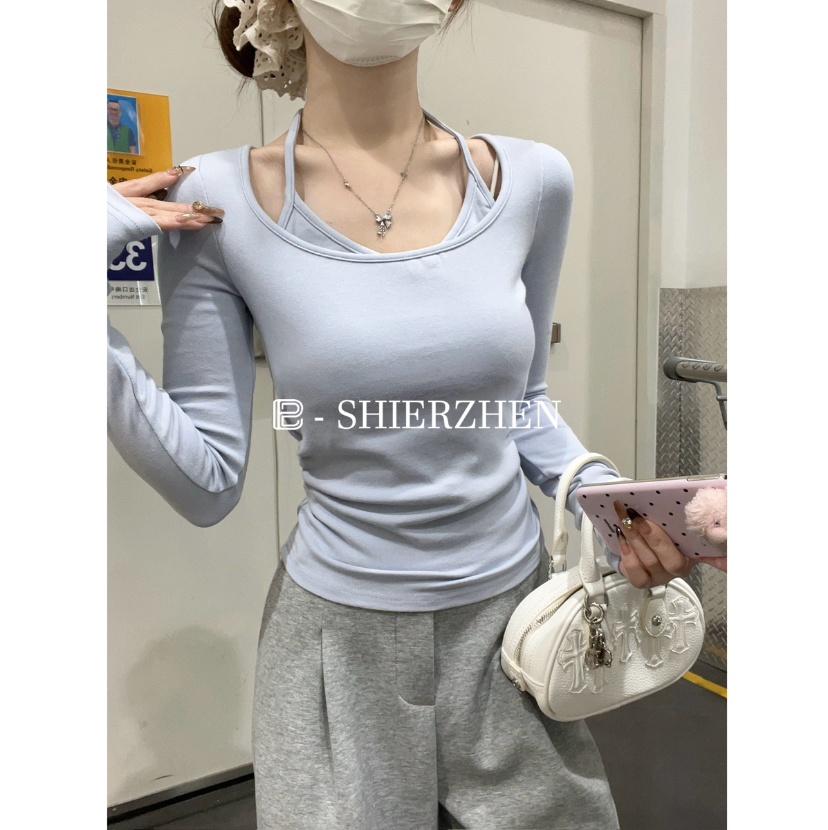 2025早春韩版纯欲挂脖褶皱修身假两件内搭打底长袖T恤上衣
