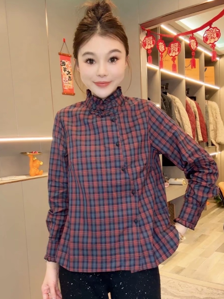 高级感气质显瘦长袖格子春秋季立领网红斜襟百搭衬衫时尚打底上衣