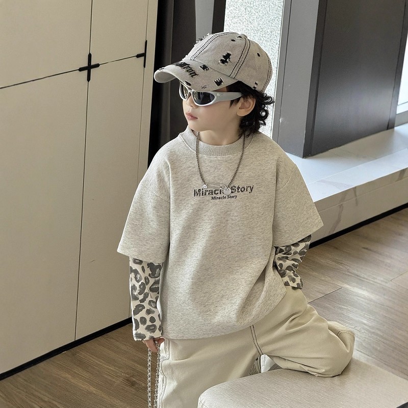 2025T恤儿童秋装假两件上衣男孩秋季长袖体恤男童初秋卫衣春秋款