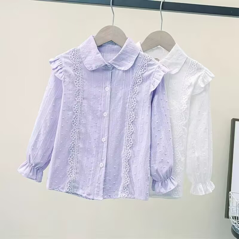 女童衬衫长袖2025新款春秋外穿宝宝蕾丝韩版洋气衬衣宽松打底上衣