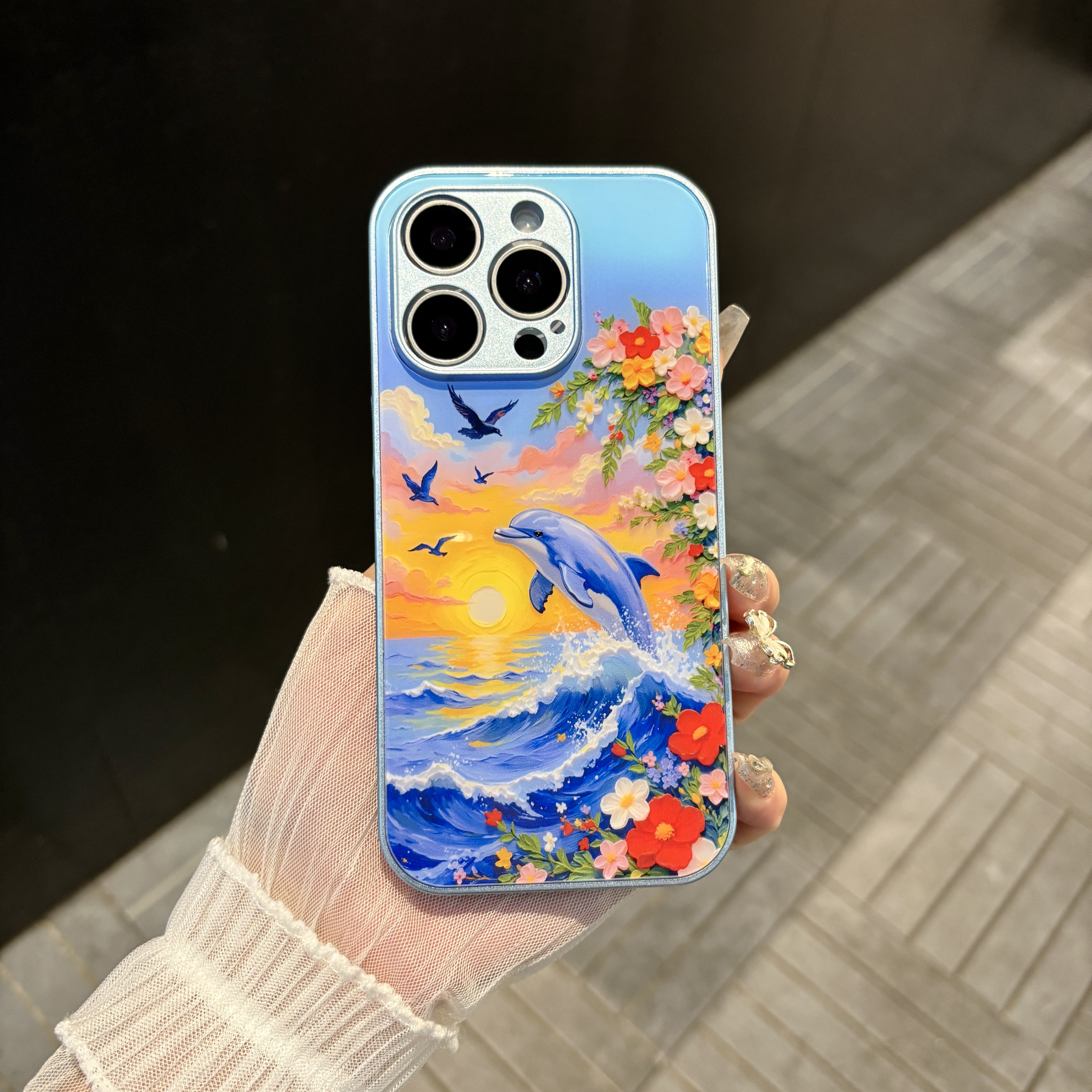 苹果/华为/oppo/vivo/小米 油画海豚适用iPhone17/16玻璃手机壳