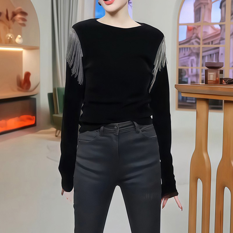 7105别致设计感时尚秋冬T恤高级感重工流苏拼接长袖上衣