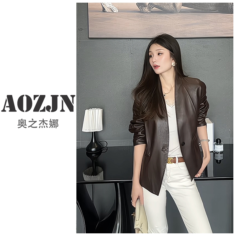 AOZJN/奥之杰娜春秋新款休闲气质女士真皮皮衣女短款外套W005-1