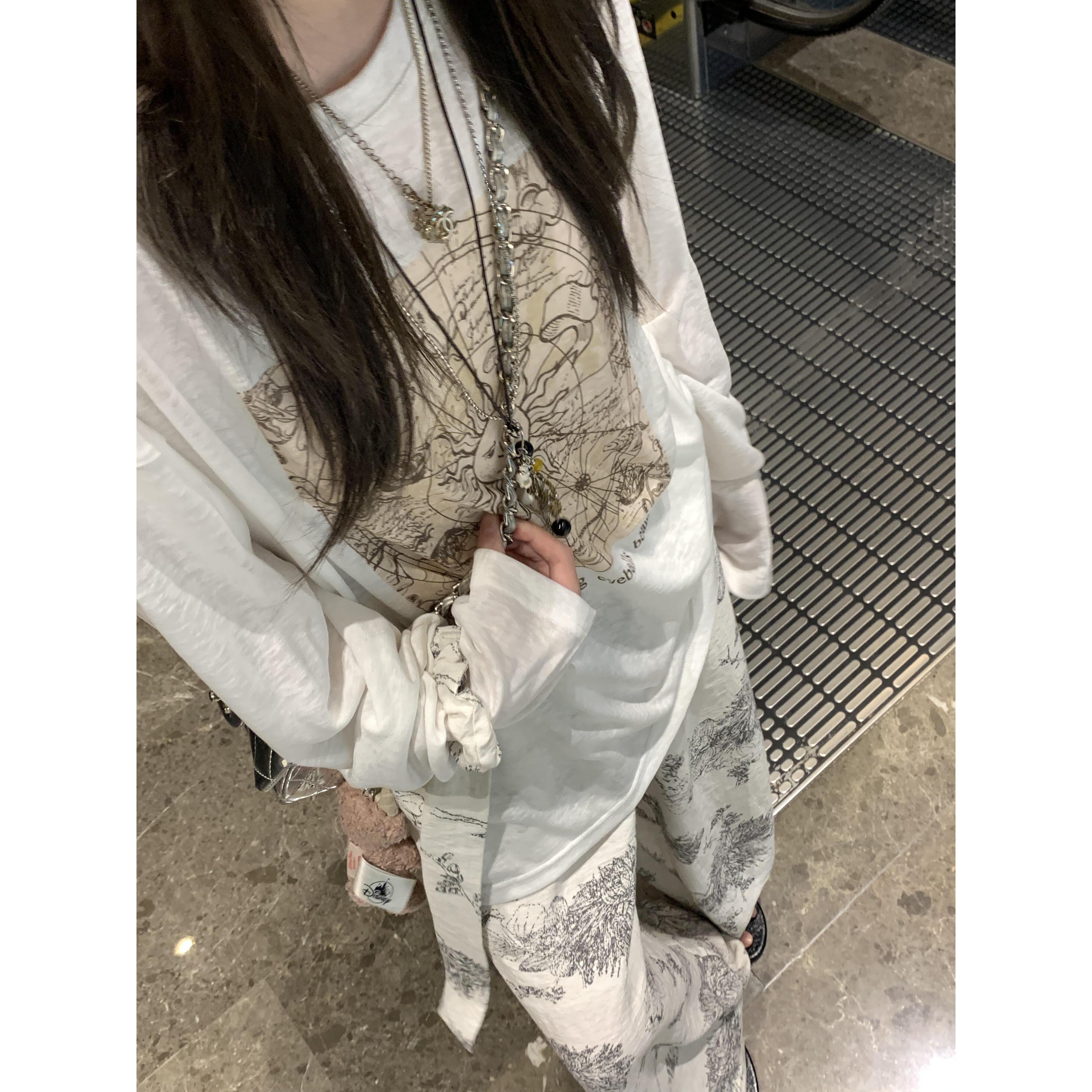 韩系慵懒风复古印花可外穿睡衣女夏季薄款宽松长袖长裤家居服套装