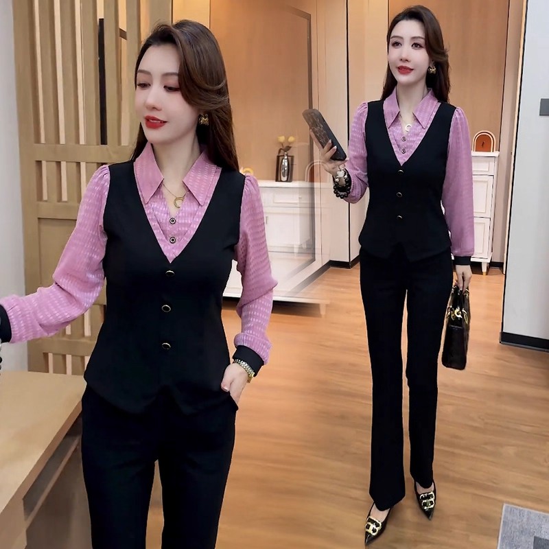 气质套装女2025秋季新款洋气减龄显瘦假两件衬衣高腰微喇裤两件套