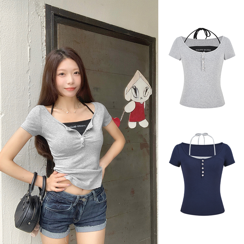 Moses Queen/魔西女王美式复古假两件拼接上衣辣妹挂脖短袖T恤