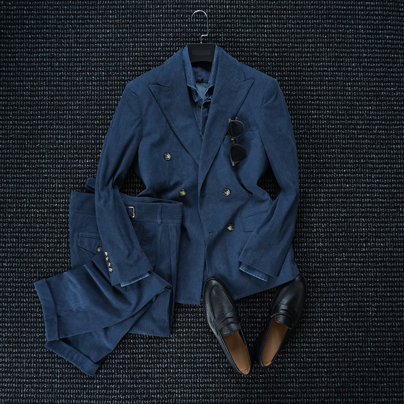 绅士复古灯芯绒双排扣戗驳领西服套装男士商务休闲绅装西装外套