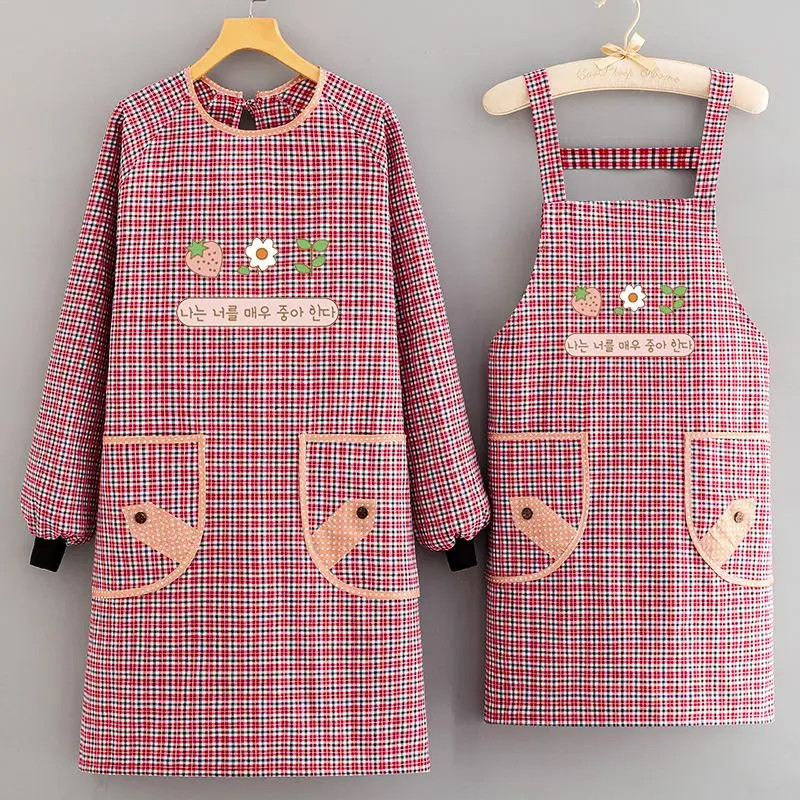 新款棉布耐磨围裙长袖厨房家用防污罩衣透气围腰做饭上班工作服cp