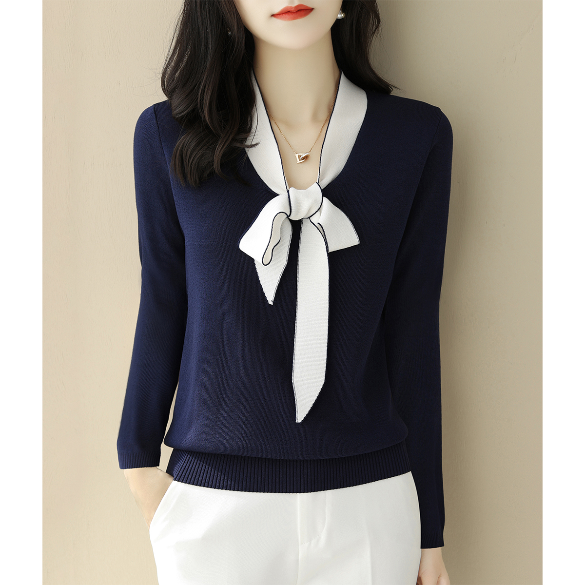 秋冬新款蝴蝶结系带设计长袖女装宽松显瘦毛衣针织衫打底拼色上衣