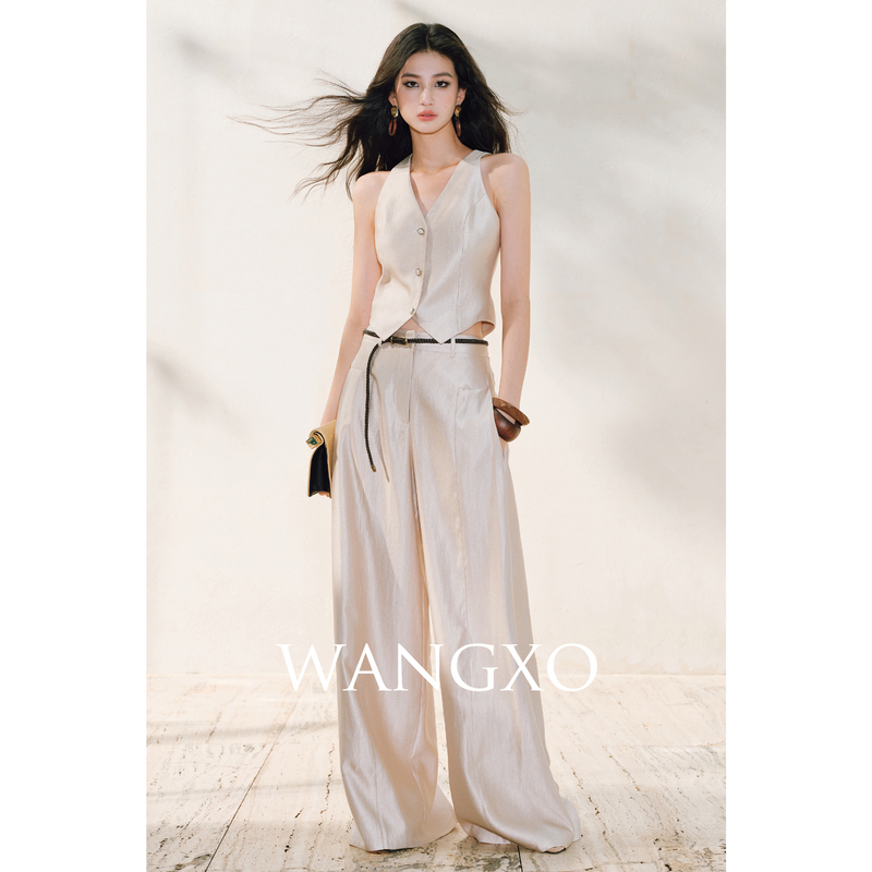 WANGXO 丝织锦缎削肩马甲上衣裤子套装250519W