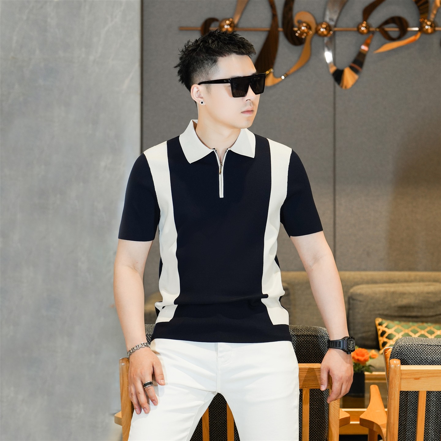 秋季新款针织半拉链短袖t恤翻领拼色青年高端打底Polo衫KL5811