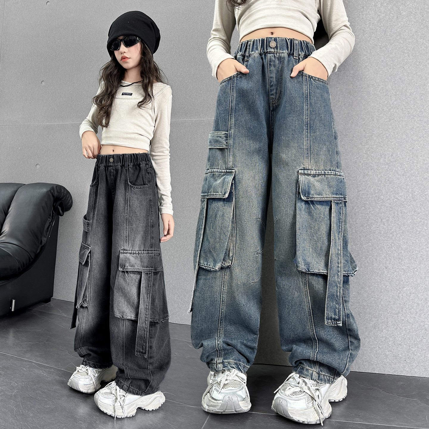 女大童秋季时髦工装裤新款6-12岁儿童洋气牛仔裤潮酷春秋阔腿长裤