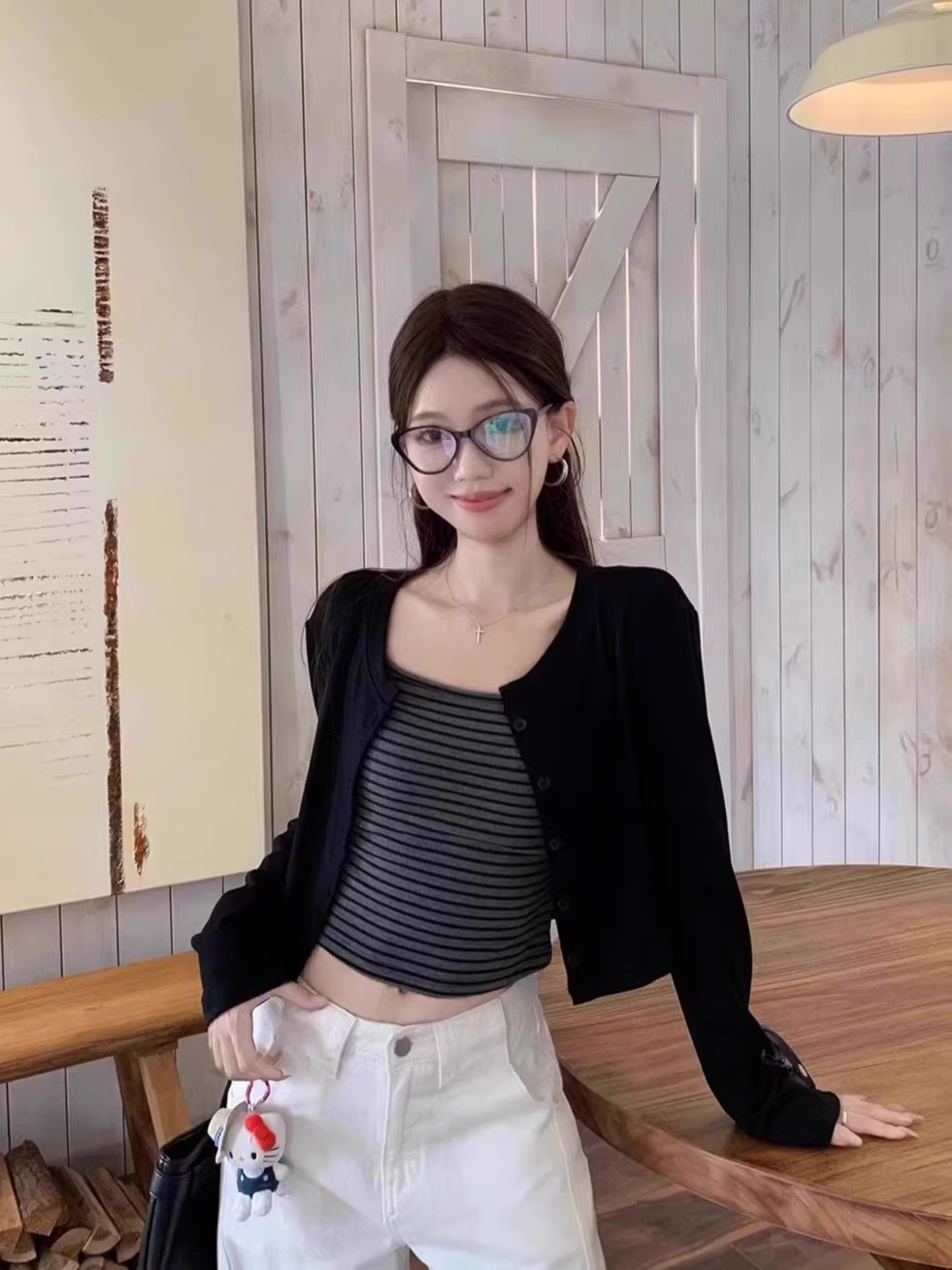 小众撞色条纹吊带背心辣妹套装女秋季设计感长袖开衫气质时尚外套
