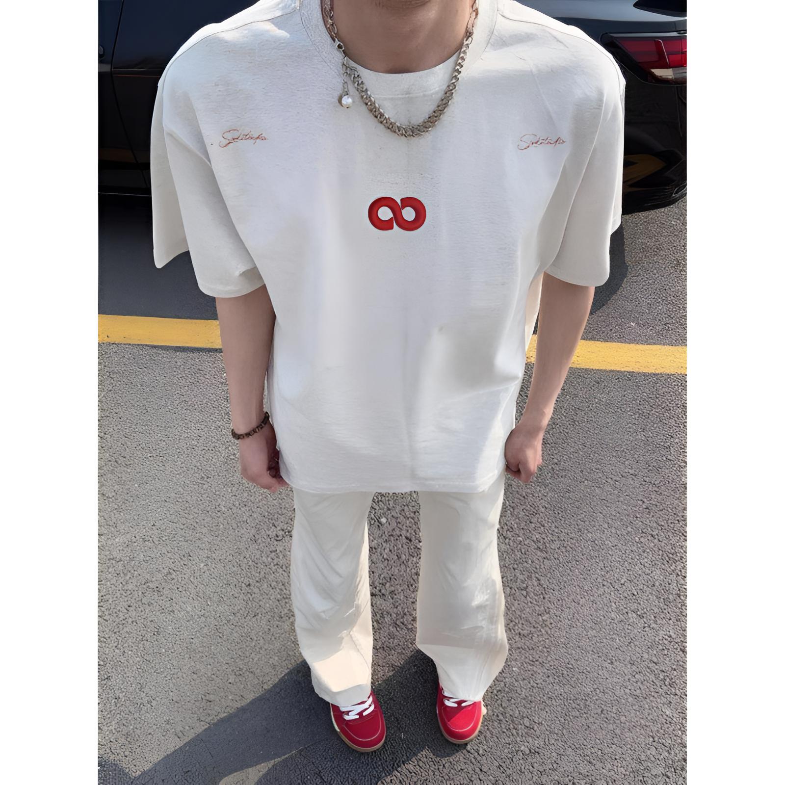 夏季新款短袖t恤男中长款正肩断开字母刺绣圆领纯棉宽松百搭上衣