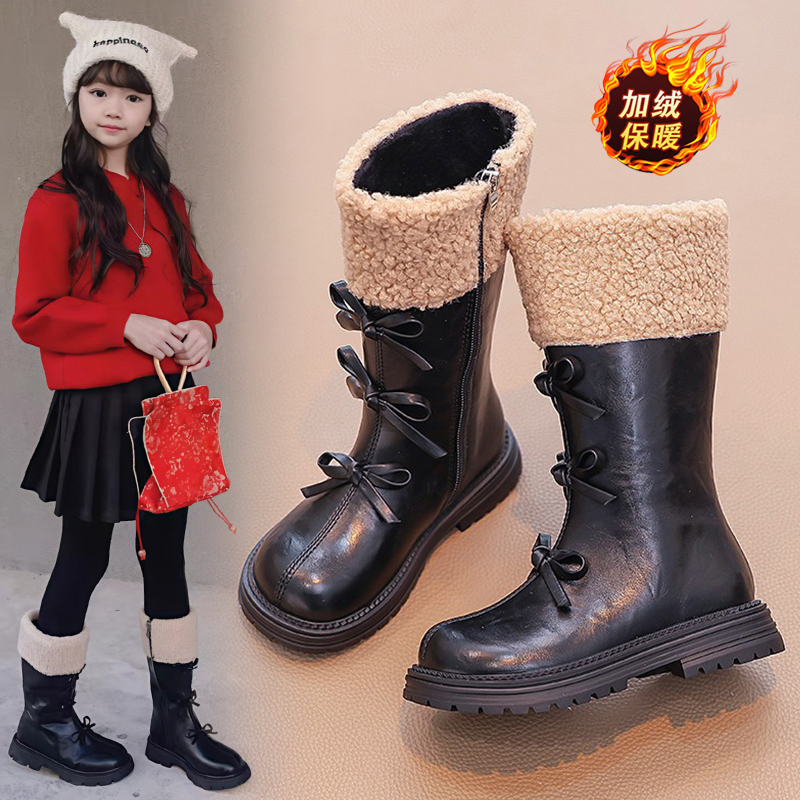 ABC女童靴子儿童长筒马丁靴2025冬季新款小女孩蝴蝶结加绒高筒靴