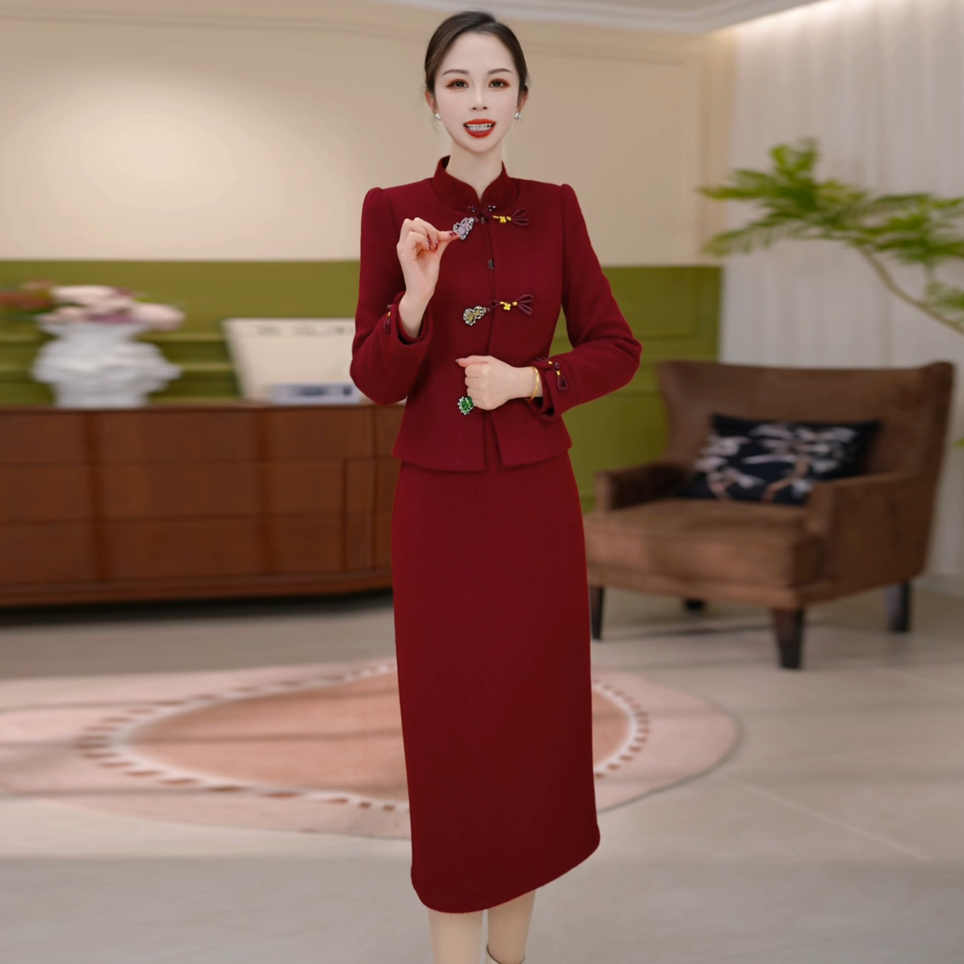 2025年冬季新款立领长袖外套套装女百搭红色显瘦高档套装裙两件套