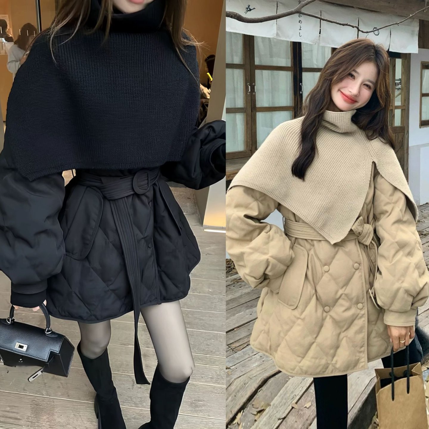 冬季新款设计感系带收腰菱格中长款棉服外套+针织披肩两件套A1596