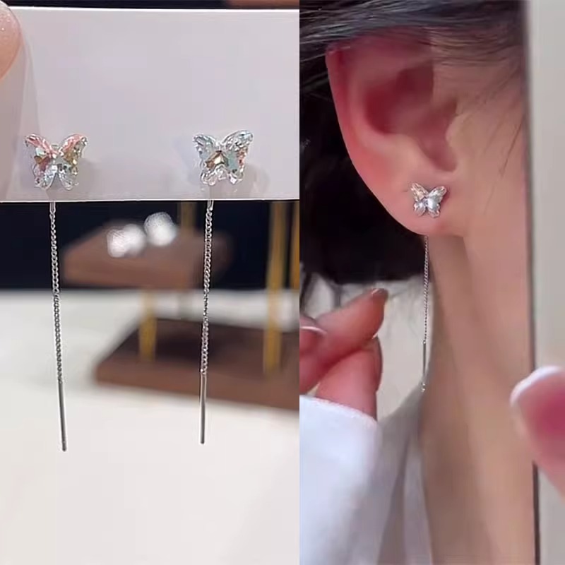 铜合金耳饰 925银针炫彩蝴蝶流苏耳线女轻奢气质长款显脸瘦耳饰