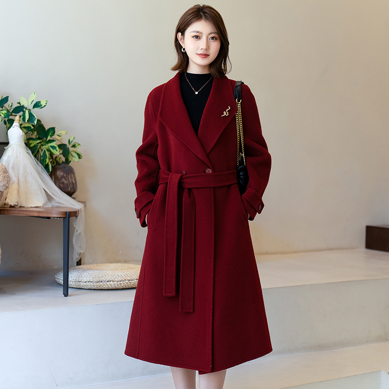 高贵中年女羊毛呢子大衣西装2025新款妈妈婚宴长款双面绒毛呢外套