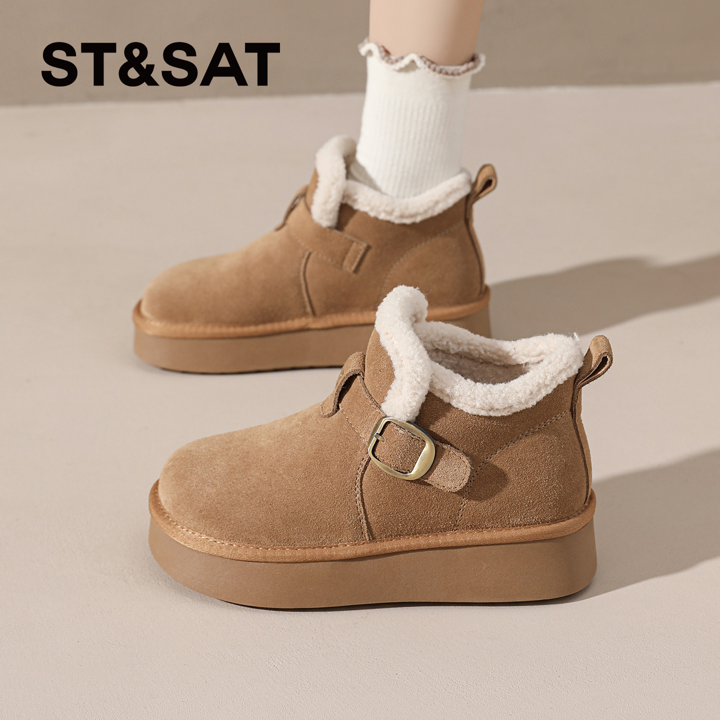 星期六加绒复古棉鞋女2025新款冬季保暖毛毛短筒棉靴加厚雪地靴女