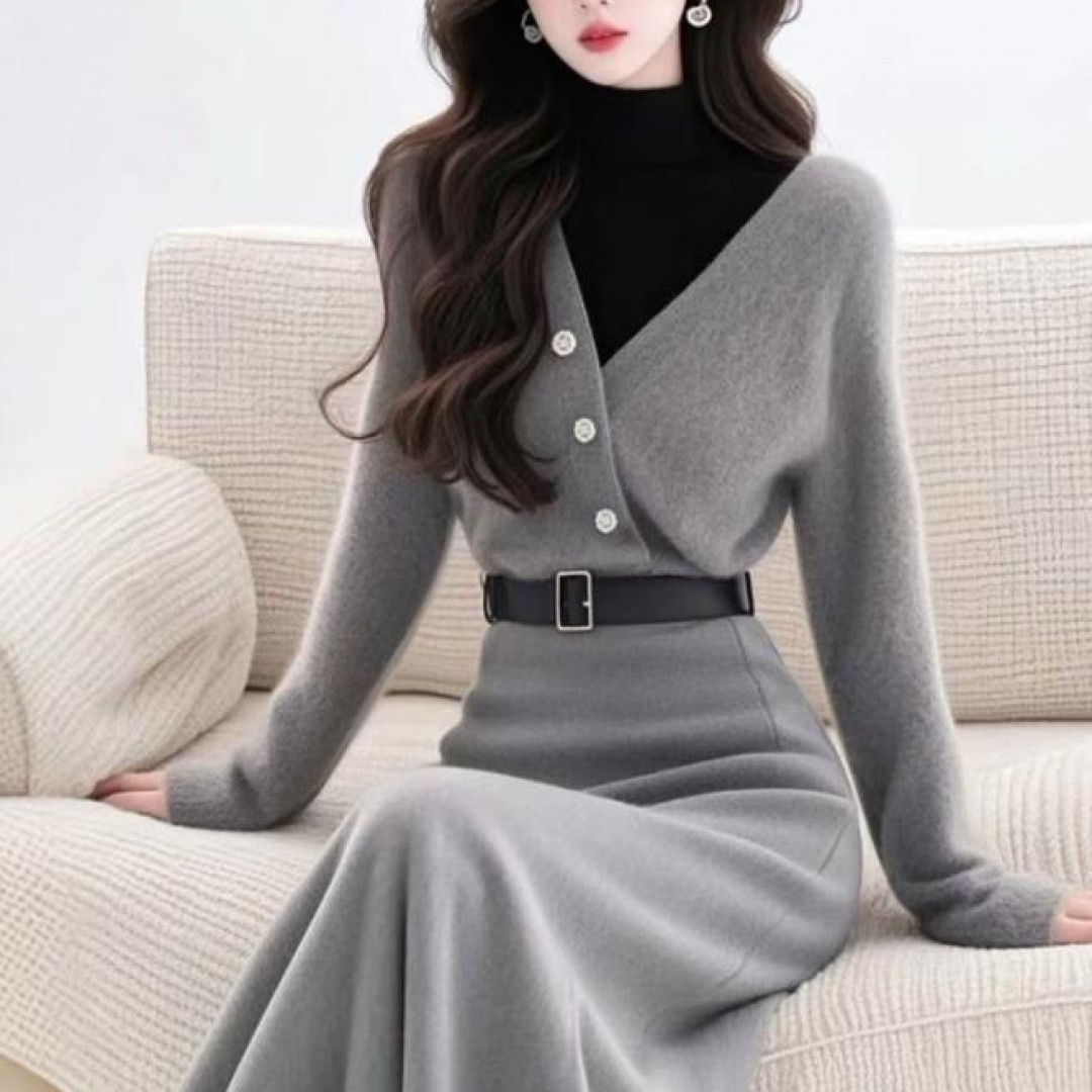 SS731穿搭气质女神范高端高级感灰色毛衣半身裙两件时尚套装