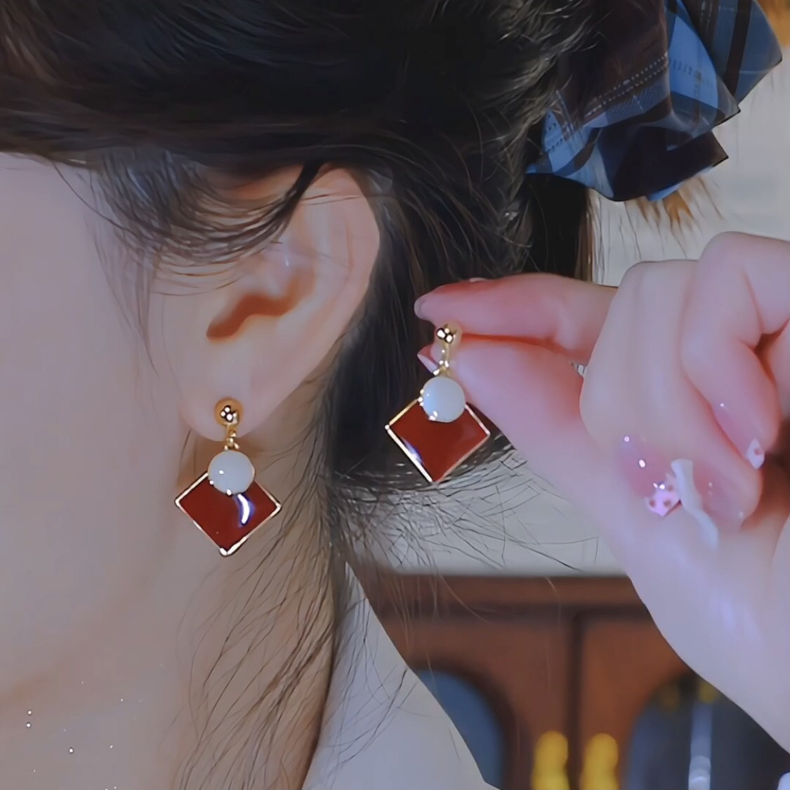 铜合金耳饰 视频同款 灵动方与圆耳钉 车厘子红方搭配奶白小圆