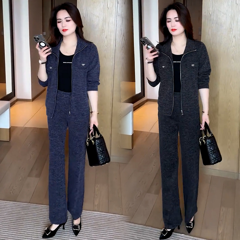 休闲运动套装女2025春秋新款时髦洋气显瘦立领开衫阔腿裤两件套潮