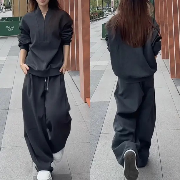 秋季新款慵懒风休闲套装男士高级感拉链V领上衣宽松休闲裤两件套