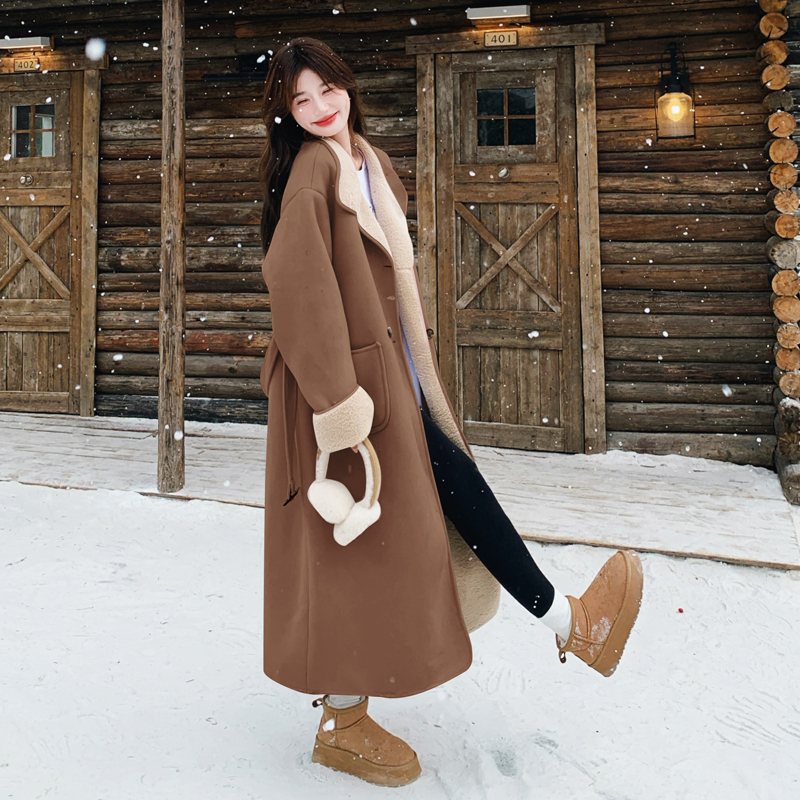 咖色中长款加厚皮毛一体外套女2025冬季新款韩系爆款气质过膝大衣