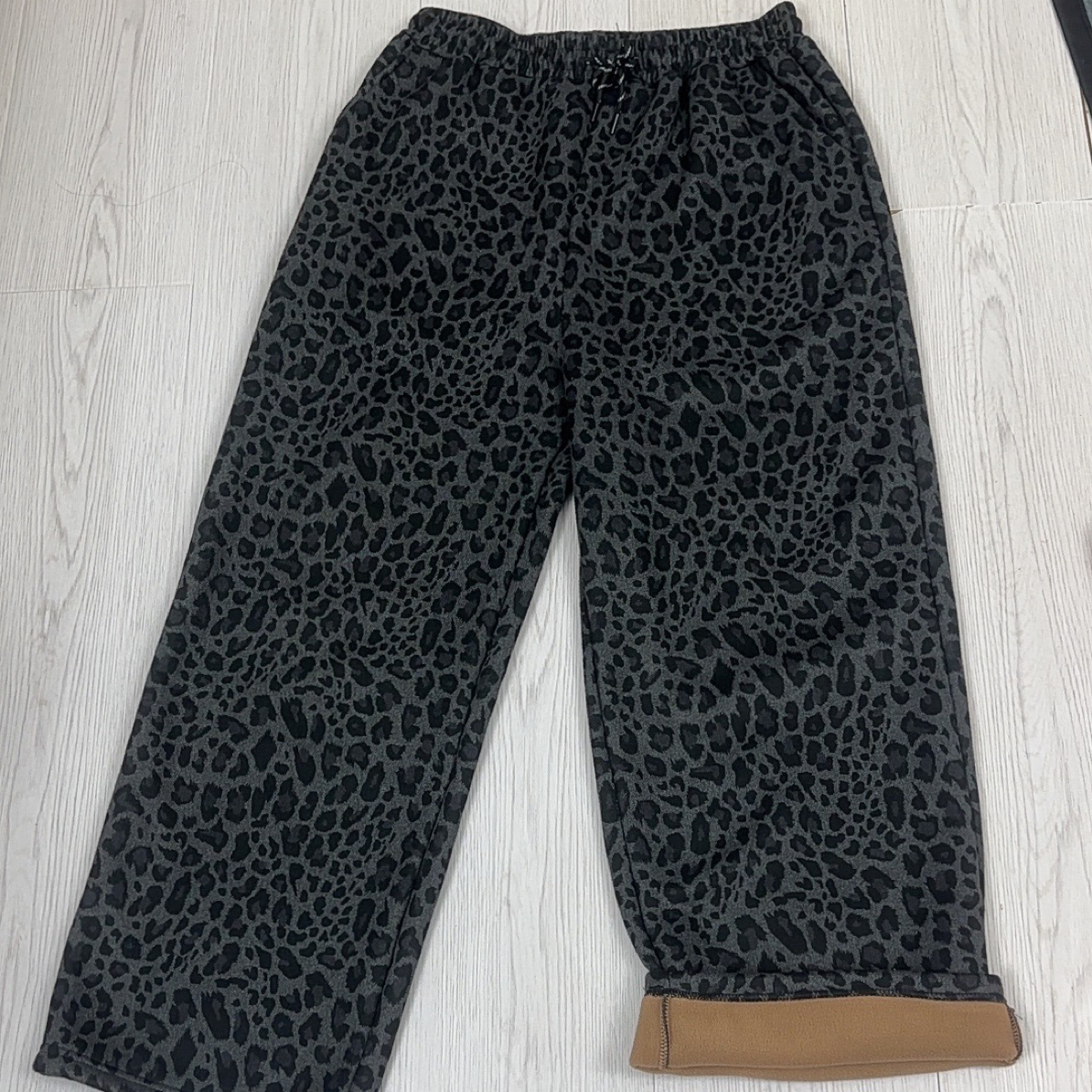 豹纹加绒休闲裤冬季高腰松紧腰显瘦直筒阔腿裤