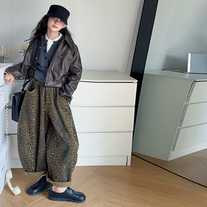 【酷哒仔】女童琥珀流光皮衣外套豹纹萝卜裤子两件套装2025秋季新款