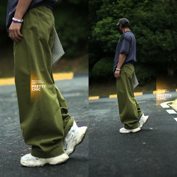 时尚潮流窄腰阔腿重磅帆布设计款百搭休闲裤