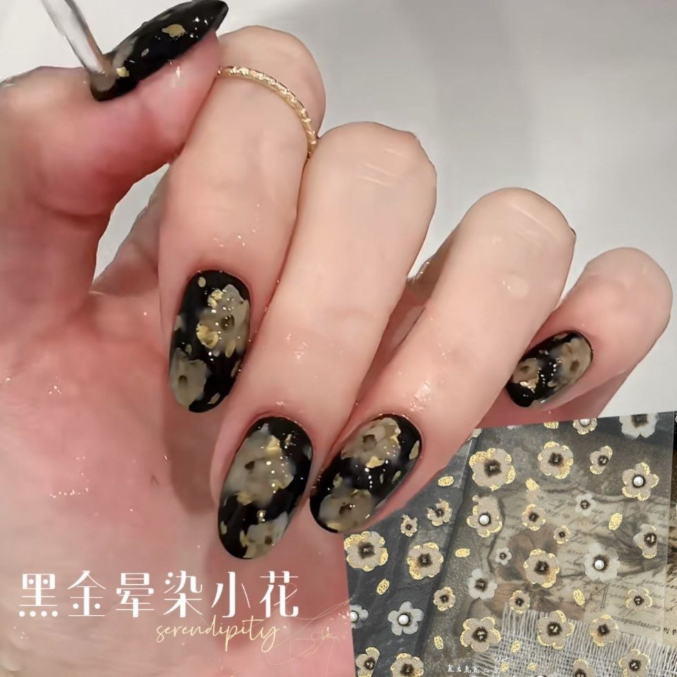 复古黑金不规则晕染小花浮雕镶钻烫金ins甜酷美甲贴纸