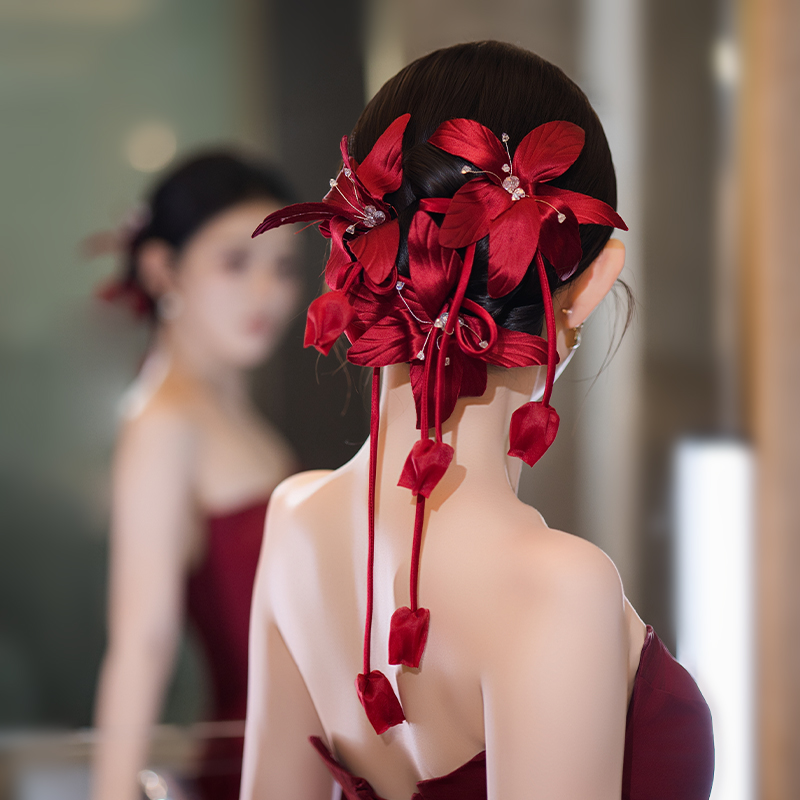 非金属布艺婚庆饰品 新娘古典风高级酒红色缎面仿真花套装MC2952