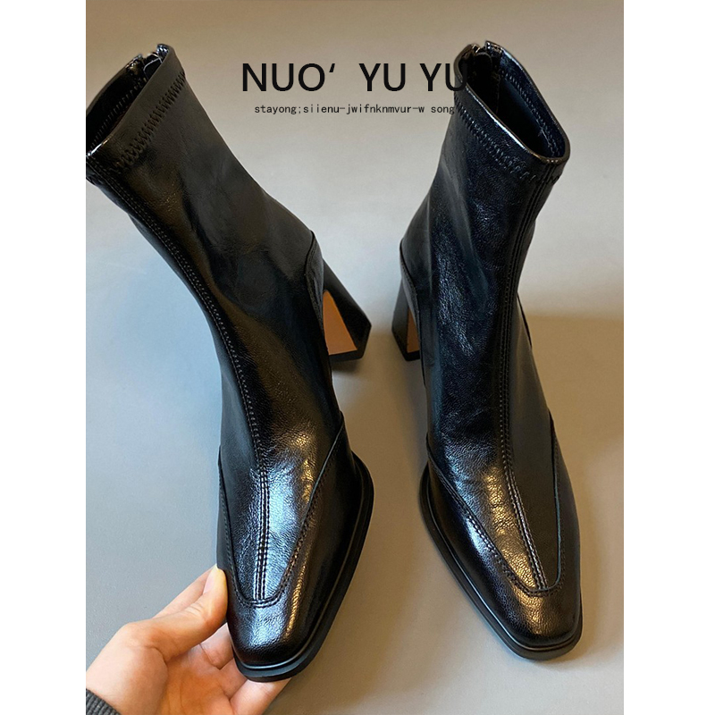羊皮版！黑色高跟短靴女秋冬新款方头防水台小个子增高粗跟瘦瘦靴