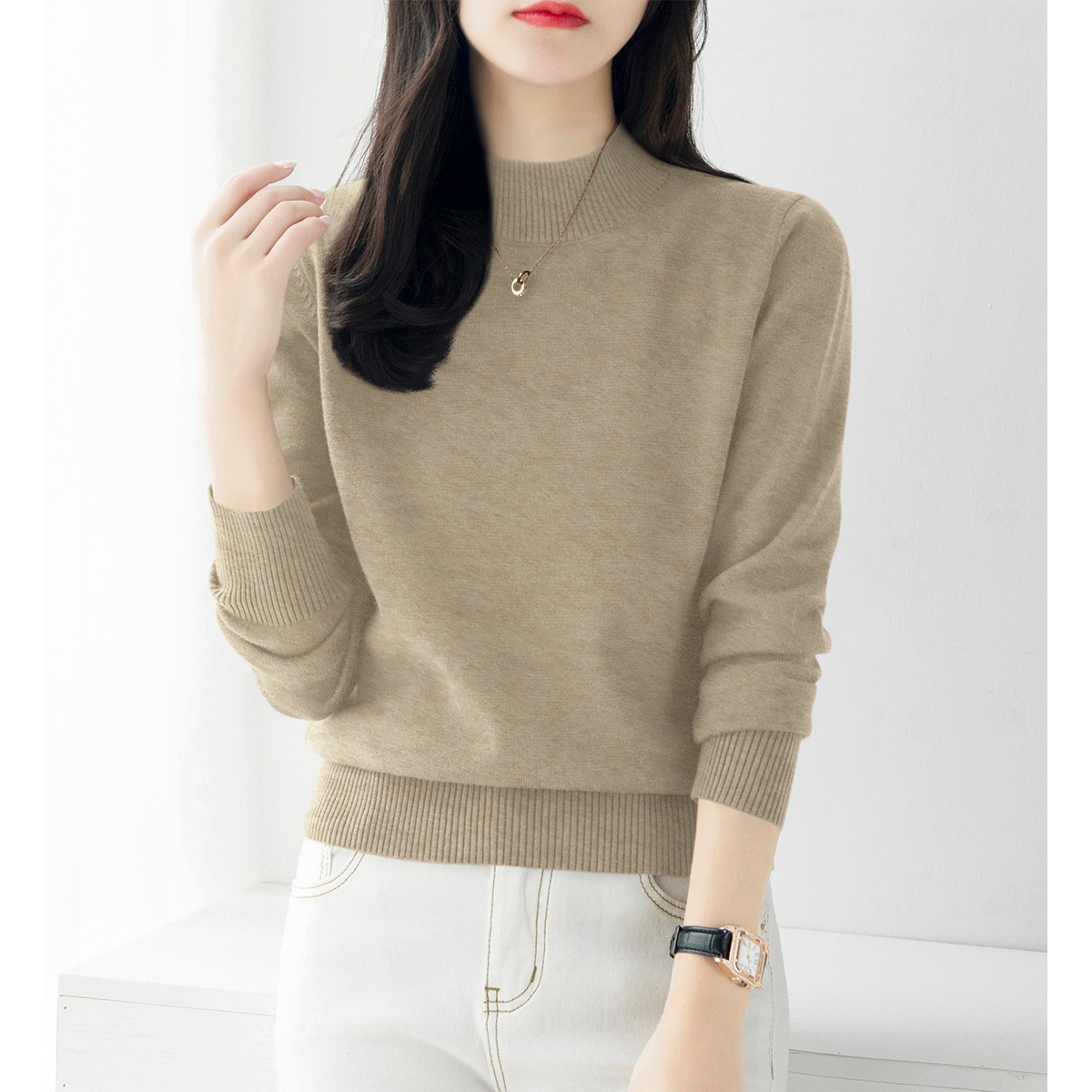 奶杏色加厚款长袖针织衫2025秋冬季新款半高领毛衣宽松打底上衣女