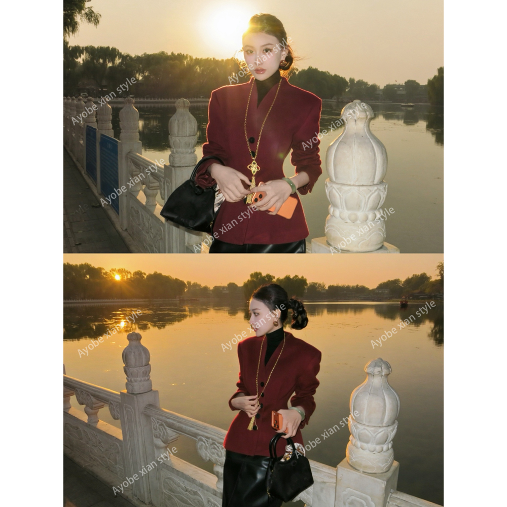 【AYOBE】小贤 100羊毛优雅端庄国风小众轻奢酒红色收腰外套