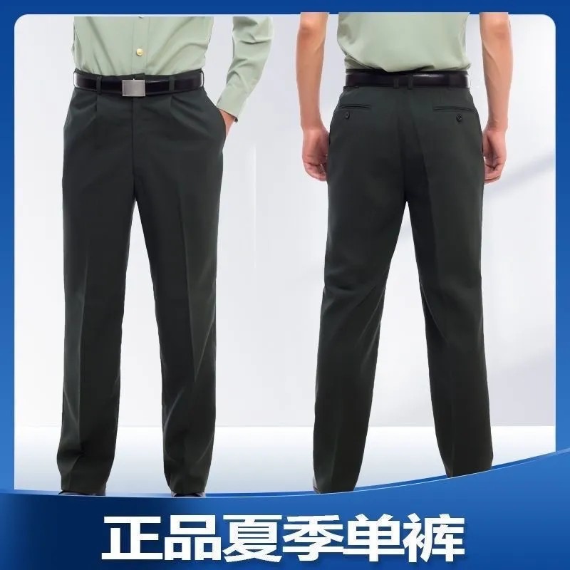 正品松绿色夏裤带屁兜款麻纱裤松枝绿休闲裤宽松直筒裤免烫防皱