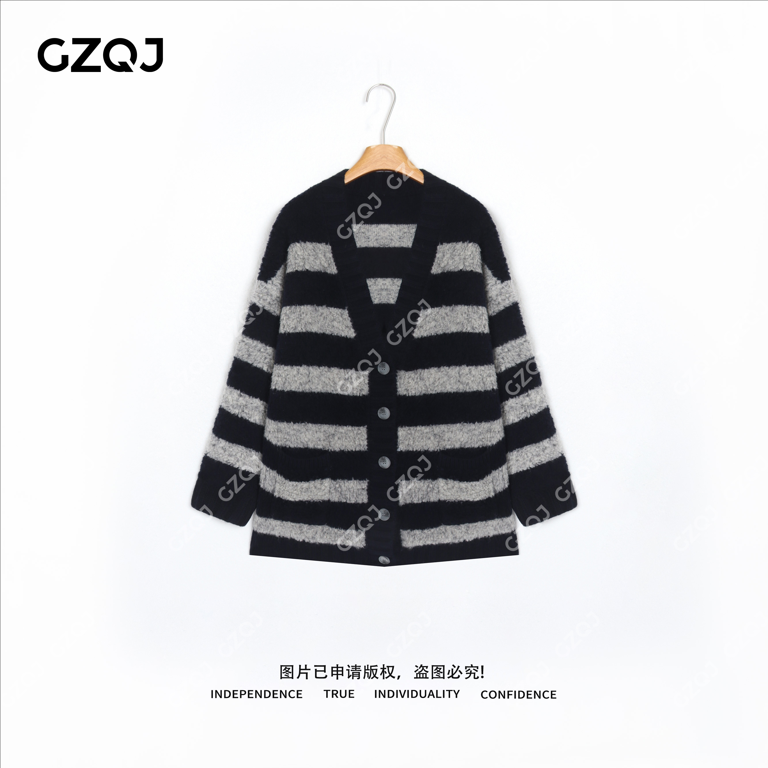 老琴私服【澜屿听松】100绵羊毛高级配色条纹针织开衫女冬 95269