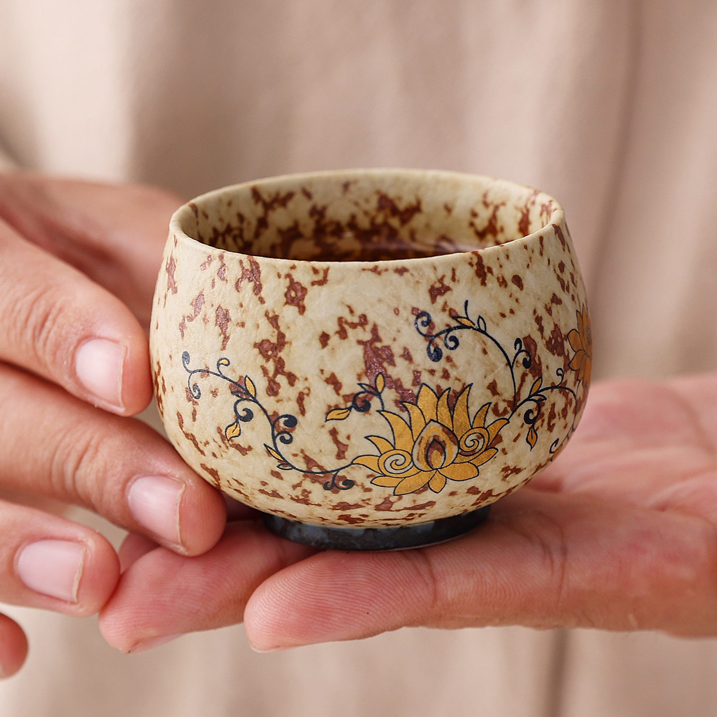 青花火石红缠枝莲禅定杯功夫茶具泡茶家用专用杯陶瓷手工品茗杯