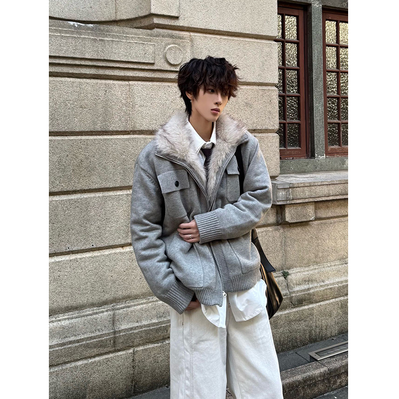 座山雕毛领毛衣外套男冬季加厚保暖针织棉衣美式高街工装夹克棉服