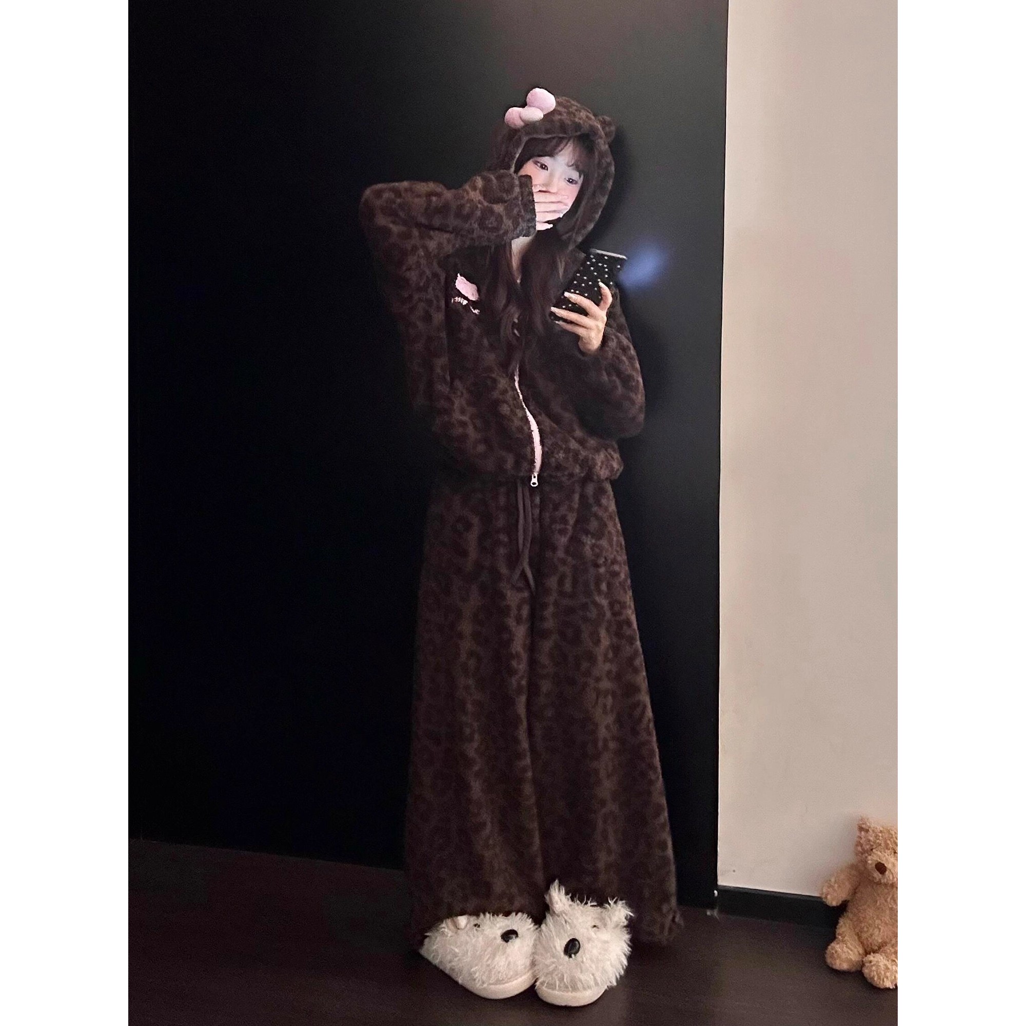 韩系豹纹Kitty珊瑚绒连帽睡衣女秋冬新款大码保暖加厚居家服套装