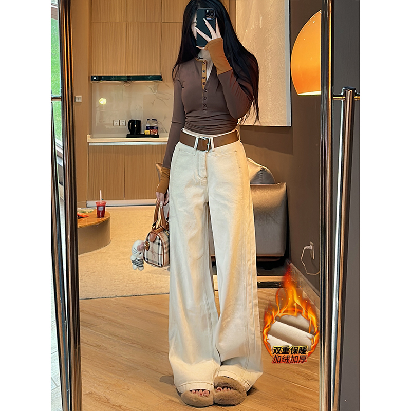 杏色原牛加绒阔腿裤牛仔裤女2025年冬季新款高腰显瘦显高拖地长裤