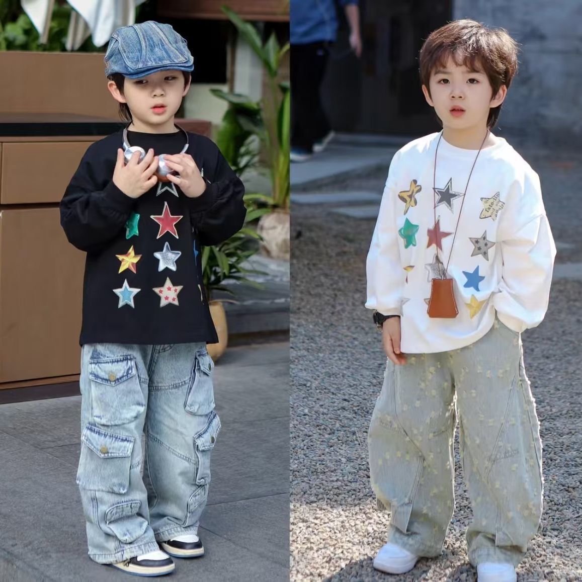 2025春秋男童新款纯棉长袖T恤韩系儿童印花上衣星星帅气薄款打底
