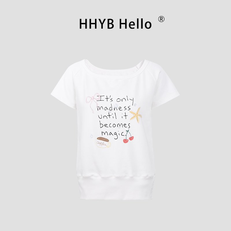 HHYB Hello斜肩短袖印花白色t恤女2025百搭气质时尚上衣250638